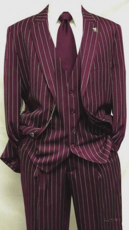 Men's Gangster Bold PinStripe Stripe Chalk Pinstripe Vested 3 Piece Fashion Suit 1920