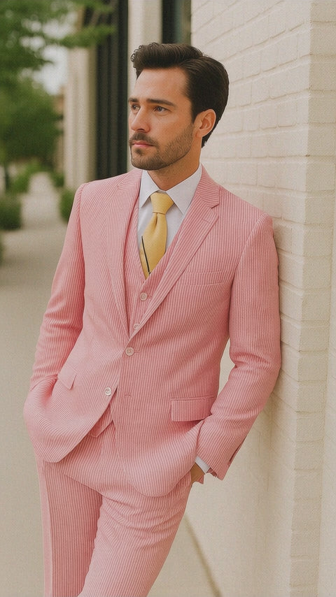 Sear Sucker Suit Mens 3pc 100% Cotton Seersucker Sear sucker suits Lavender & Pink - High End Suits - High Quality Suits