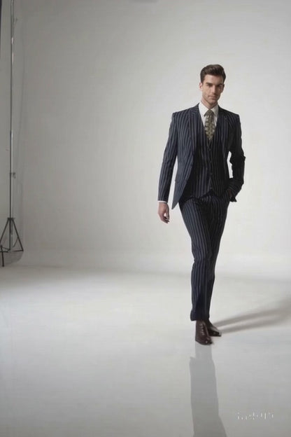 Men’s 1920s Gangster Dark Blue Bold Pinstripe 3 Piece Suit, Vested Fashion Suit with Pleated Pants