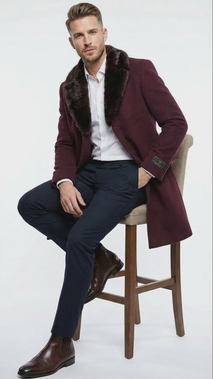 Men’s Burgundy Three Quarter Coat with Faux Fur Collar Overcoat – Luxury Winter Outerwear Three Quarter Carcoat Topcoat