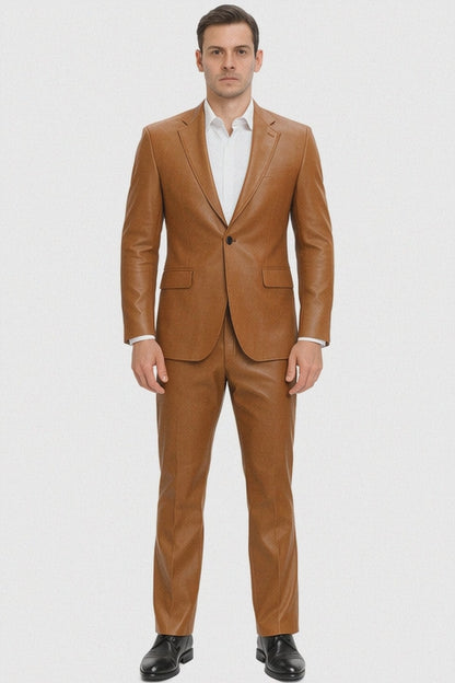 Mens Caramel Slim Fit Faux Leather Suit – 1 Button Notch Lapel