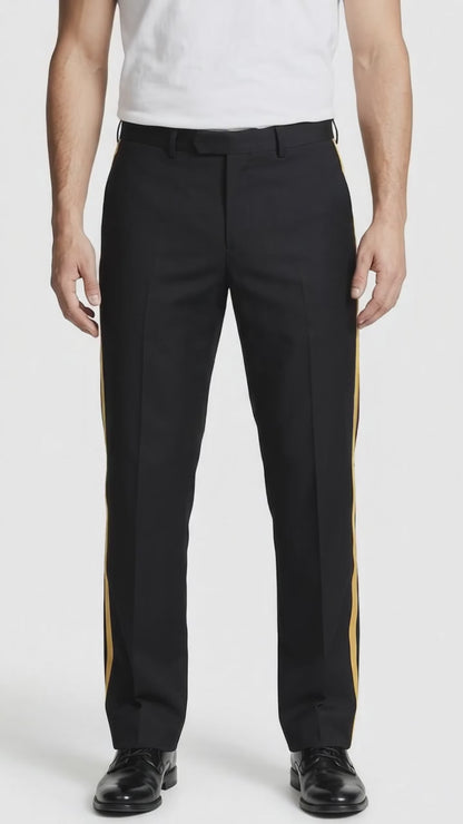 Men’s Black Tuxedo Pants with Gold Side Stripe – Flat Front Formal Dress Pants