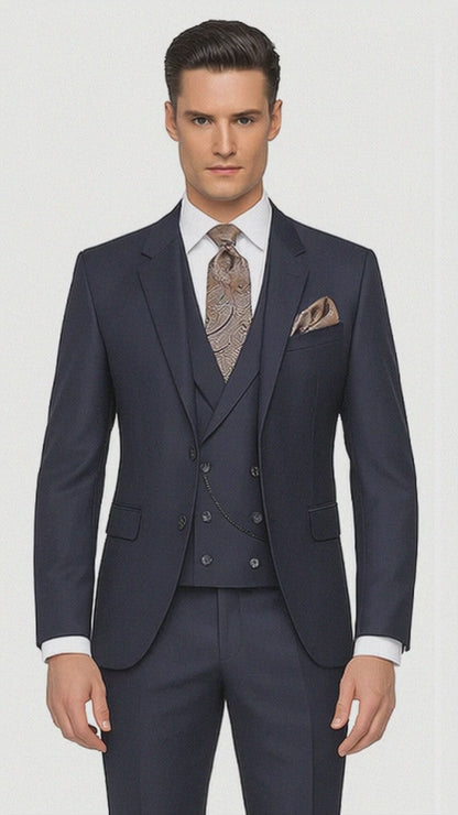 Mens Suit With Double Breasted Vest 100% - Big Peak Lapel Tom Ford Style! - 100% Percent Wool Fabric Suits - Worsted Wool Business Suit Modern Fit