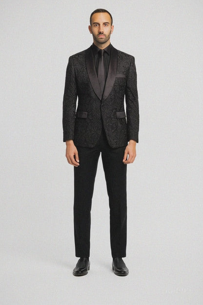 Men's 1 Button Slim Fit Satin Shawl Lapel Black Dinner Jacket