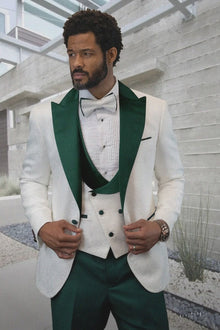 Men’s White Paisley & Hunter Green Tuxedo – Designer Vested Wool Suit for Wedding & Prom