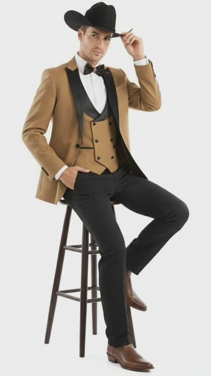 Men’s Western Cowboy Tuxedo – Tan and Black 3-Piece Suit with Satin Lapel and Vest in Mocca Coffee Color