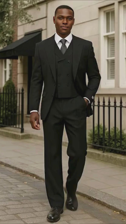 Mens Tiglio Rosso Suit - Wide Leg Baggy Pants - 100% Wool Black Three-Piece Classic Fit Suit with Double-Breasted Vest and Peak Lapel