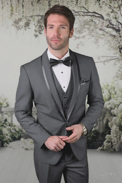 Men's Charcoal Shawl Lapel Tuxedo with Satin Trim – Vested Wedding Suit