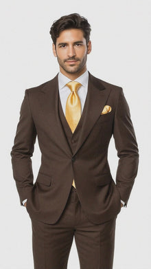 Suits With Baggy Pleated Pants - Wide Leg Pants 100% Wool - Classic Fit in Brown One Button 3 Piece Suit by Rossiman