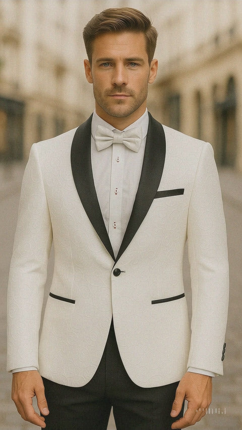 Embroidered Tuxedo Jacket with Black Satin Shawl Lapel 