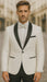 Mens White Swirl Embroidered Tuxedo Jacket with Black Satin Shawl Lapel and Matching Bow Tie