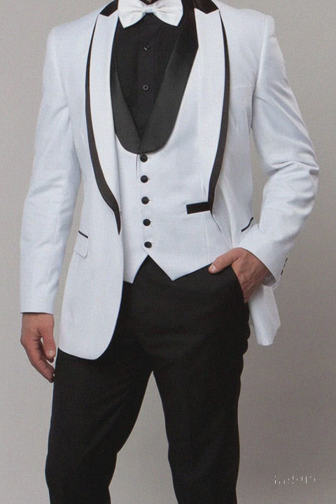 White Slim Fit Tuxedo 3 Piece with Satin Shawl Collar Vest
