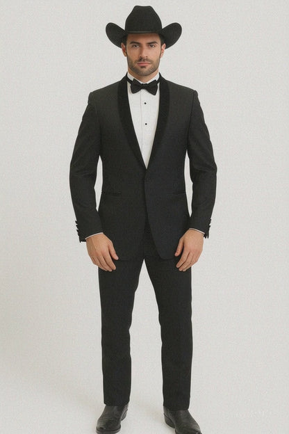 Men's Two Toned Full Lapel Shawl Black Tuxedo wool Fabric Suits