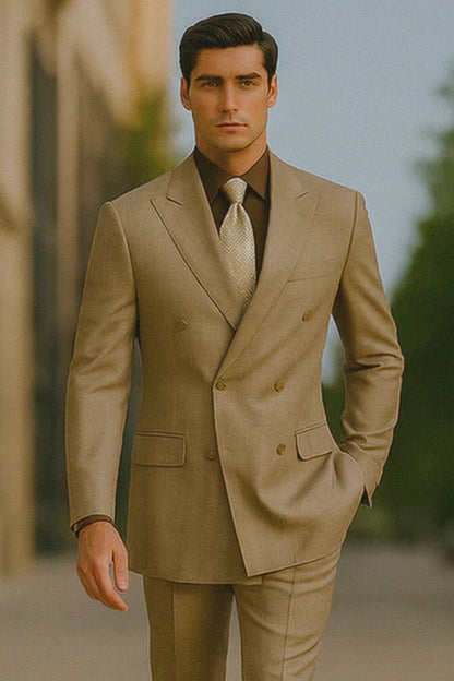 Mens Classic Wool Feel Double Breasted Glen Plaid Suit in Tan