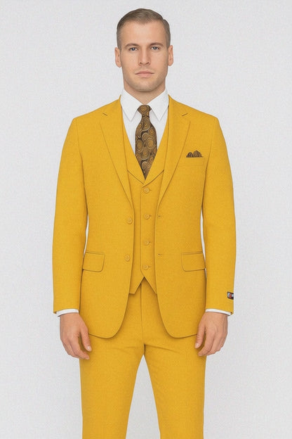 Poplin Fabric Pacelli 3pc Mustard Suit CAMERON-10027 Classic Fit Pleated Pants Athletic Cut