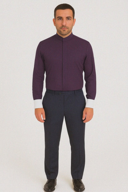 Men's Fashion Hidden Button French Cuff Mandarin Collarless Preacher Round Style Men's Dress Shirt