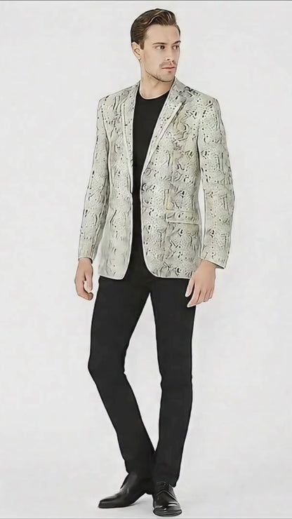 Men’s White Snake Print Blazer – Exotic Slim Fit Party and Fashion Jacket - Alligator crocodile print