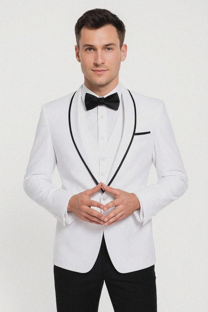 Men'S Shawl Lapel With Trim 1 Button Blazer White Sport Coat Dinner Jacket With Trim