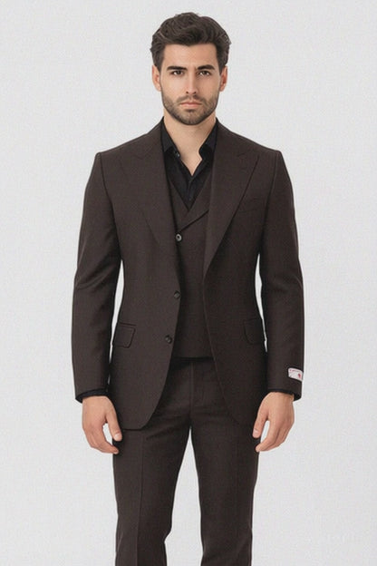 Tiglio Rosso Men’s Choclate Brown 3 Piece Suit –Double Breasted Vest with Classic Fit 100% Wool Super 150's Fabric - Pleated Pants