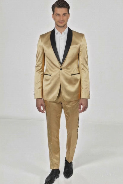 Men Gold Contrast Lapel Black Shawl Collar 2 Toned Dinner Jacket Blazer Fashion Tuxedo For Men