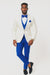 White and Royal Blue Tuxedo Wedding Suit - White Dinner Jacket + Vest + Pants + Bow-tie