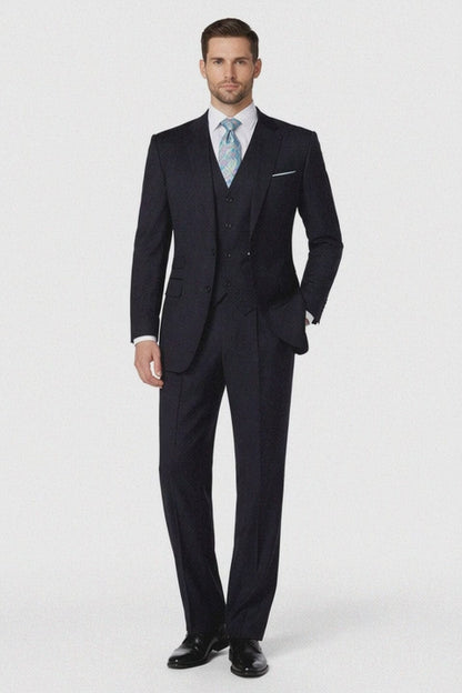 Men's Dark Navy 2 button Ticket Pocket Lapeled Vested 100% Wide Leg Pleated Pants - Dark Blue Suit Color - 100% Percent Wool Fabric Suit - Worsted Wool Business Suit