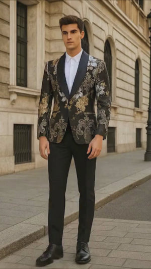 Men’s Black and Gold and Silver Floral Jacquard Blazer with Satin Shawl Lapel Tuxedo Suit With Black Pants with Bowtie