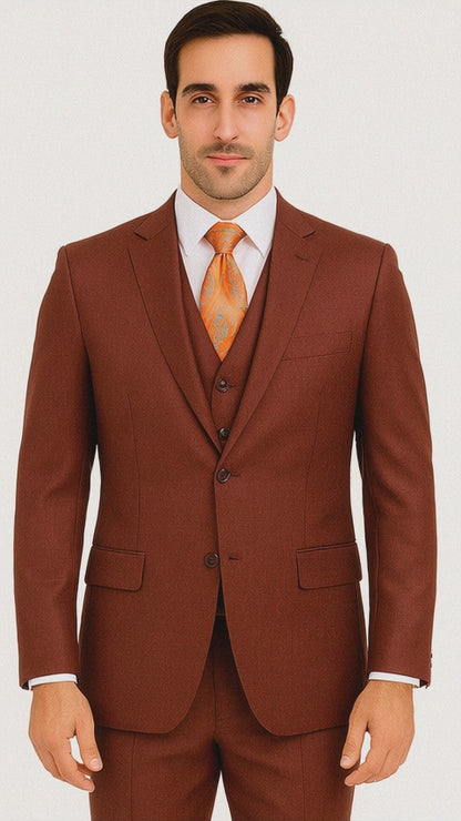 Vitali Brand Suits - Men's 3 Pieces Pleated Pants Side Vents With Pattern Brick
