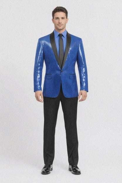Shiny Flashy Sharkskin Metallic Sapphire Blue Sequin Formal Royal Color Tuxedo Shawl Lapel Sport coat Jacket