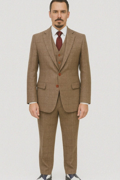 Mens Two Button Notch Label Tweed Suit Brown Herringbone