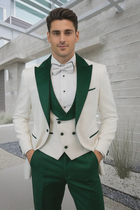 Men’s White Paisley & Hunter Green Tuxedo – Designer Vested Wool Suit for Wedding & Prom