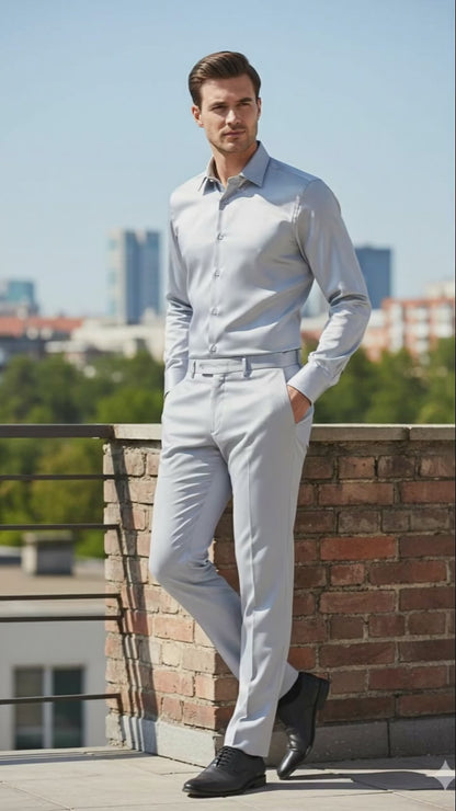Men’s Silver Satin Dress Shirt  – Luxury Slim Fit Outfit for Parties, Weddings, and Formal Events