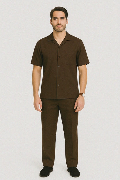 Mens Walking Suits Casual Two Piece Sets Summer Short Sleeve Shirt & Pants Casual Two Piece Mens Walking Suit Plus Matching Pants Outfit For Sale Pant Sets Casual Suit Set Men'S Suit 100% Mens Linen Suit - Fabric – Brown