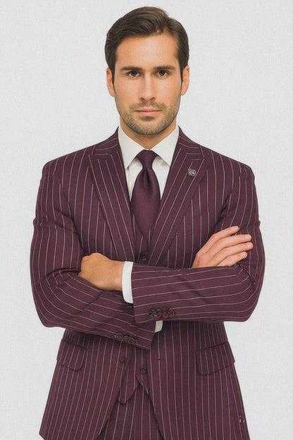 Men's Burgundy ~ White Gangster Bold PinStripe Mars Vested 3 Piece Fashion Suit