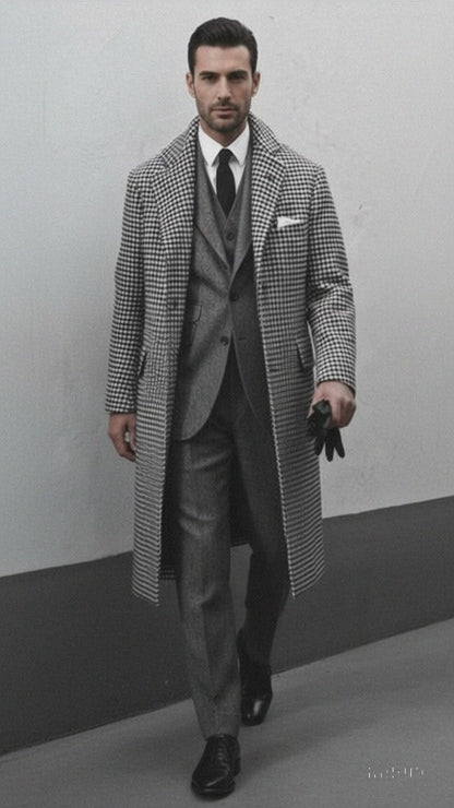Houndstooth Overcoat - Black and White Checker And Real Wool Fabric Topcoat By Alberto Nardoni