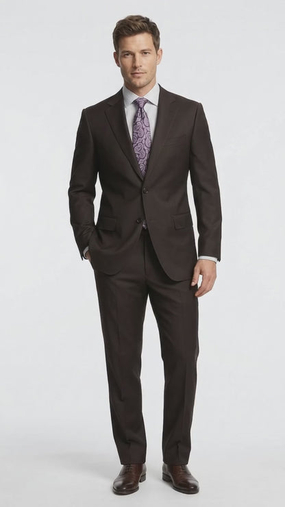 Men’s Brown Super 150s 2 Piece Suit, Classic 2 Button Formal Wedding Business Suit