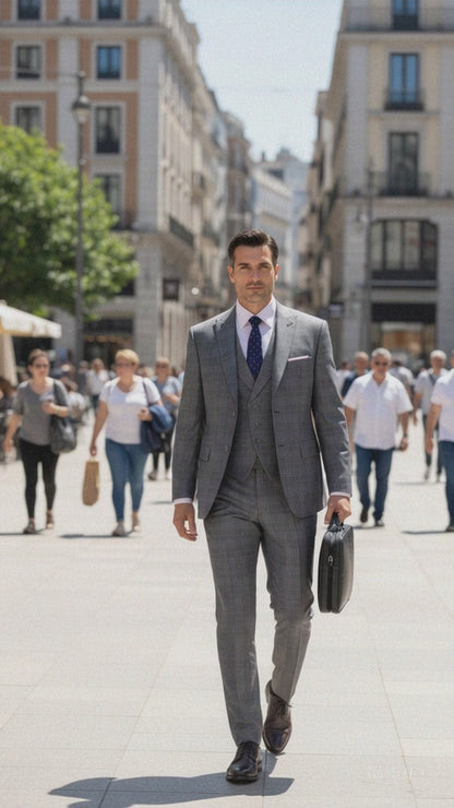 Mens 2 Button Vested Peak Lapel Plaid Suit in Grey Modern Fit