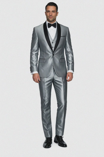 Silver Shiny Tuxedo Vested Suit - Sateen Sharkskin Fabric Groom Suit