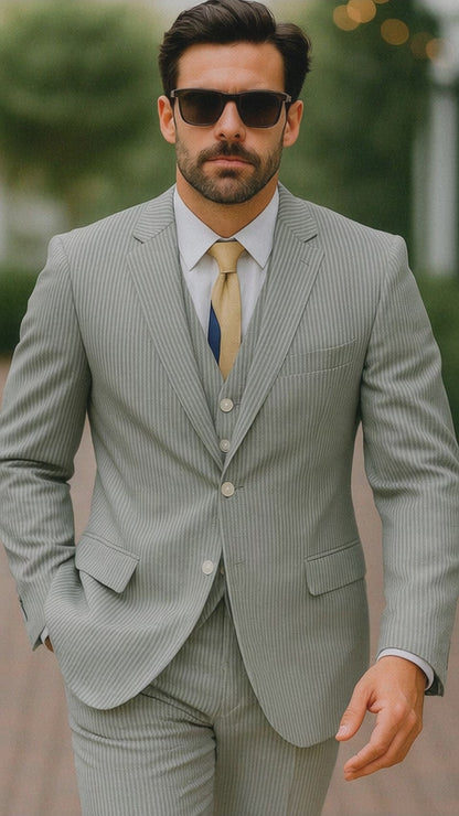 Sear Sucker Suit Mens 3pc 100% Cotton Seersucker Sear sucker suit Red & Grey - High End Suits - High Quality Suits