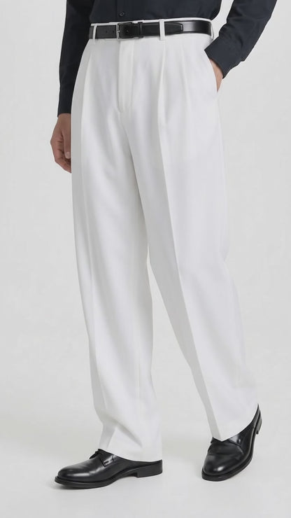 Men’s White Wide Leg Pleated Dress Pants, Baggy Fit Formal Slacks with Unhemmed Bottoms