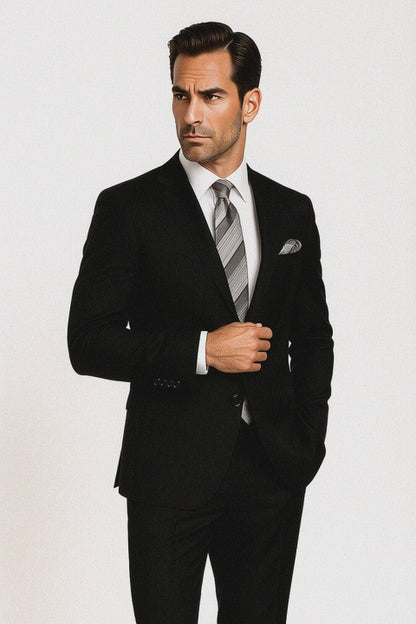 Tiglio Suit - Signature Menswear Wool Fabric SuitsOutlet - Brand Men's 2 Button Suit Black- High End Suits - High Quality Suits