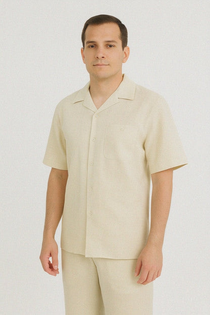 Two Piece Men's Big Size Natural Beige Linen Short Sleeve Casual Casual Two Piece Mens Walking Outfit For Sale Pant Sets Suit