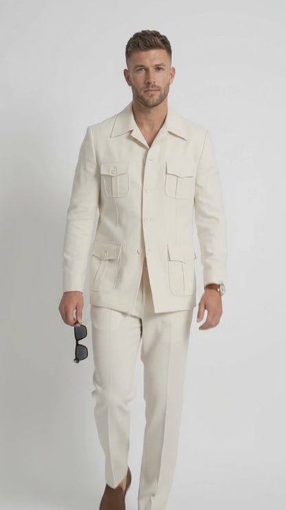 Men’s Off White Casual Safari Suit, Modern Fit Pocket Front Summer Walking Suit