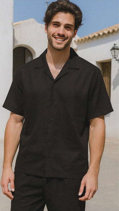 Mens Walking Suits Plus Matching Pants Casual Two Piece Sets Summer Short Sleeve Shirt & Pants Casual Two Piece Mens Walking Outfit For Sale Pant Sets Casual Suit Set Men'S Suit 100% Mens Linen Suit - Fabric - Black