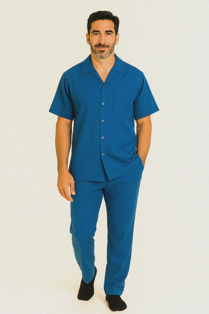 Men's Short Sleeve 2 Piece Casual Two Piece Mens Walking Outfit For Sale Pant Sets Set With Long Pants 100% Linen Royal Shirt
