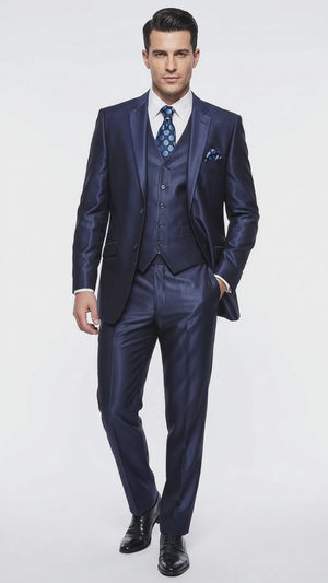 Men's Shiny Navy Blue Sateen 3-Piece Suit – Elegant Wedding, Prom Dress Suit with Matching Vest and Pants Slim Fitted