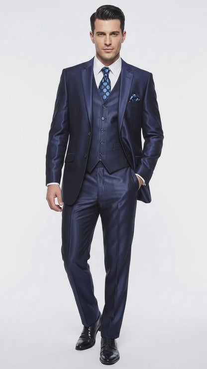Men's Shiny Navy Blue Sateen 3-Piece Suit – Elegant Wedding, Prom Dress Suit with Matching Vest and Pants Slim Fitted