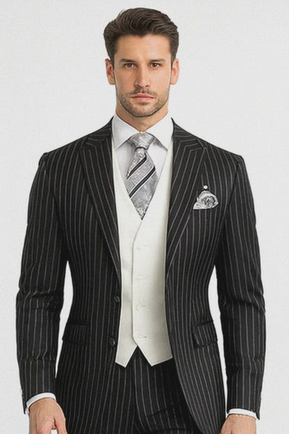 Men'S Black 2 Buttons Chalk Bold Stripe ~ Pinstripe Double Breasted Shawl Collar 1920'S 30'S Fashion Vintage Pattern No Vest Included Suit