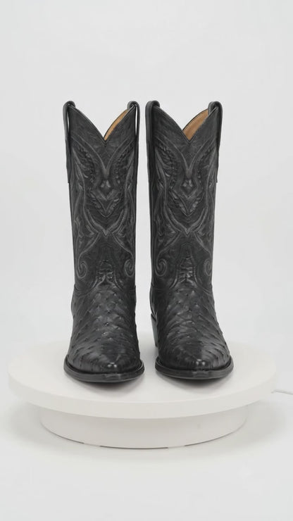 Los Altos Men’s Black Ostrich Pointed Toe Cowboy Boots, 1.5 Inch Walking Heel Botas De Avestruz