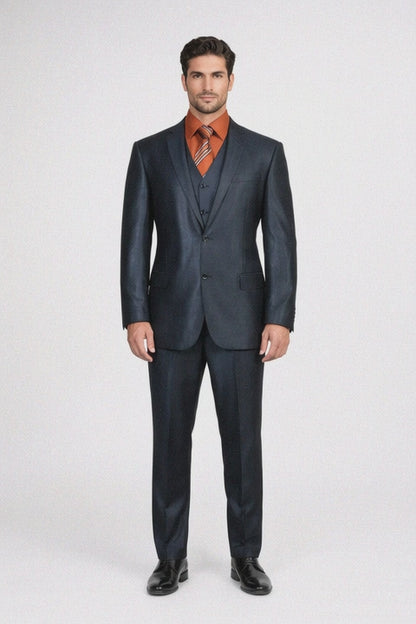 Men'S 3 Piece Sharkskin Suit Flat Front Pants Shiny Flashy Satin Silky Metallic Blue